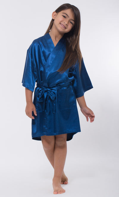 Navy Blue Satin Kimono Kid's Robe